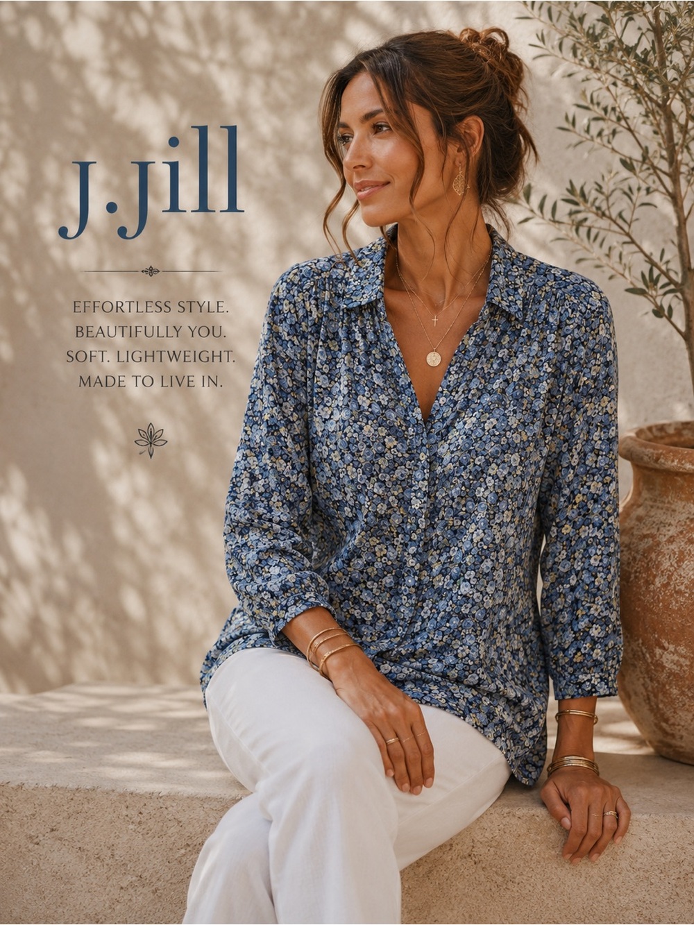J Jill Lightweight Blue Floral Button-Front Blouse -made in Philippines